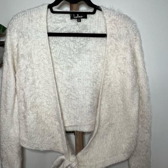 Lulus Long Sleeve Fuzzy Open Tie Front Cardigan White Size X Small - Picture 2 of 7